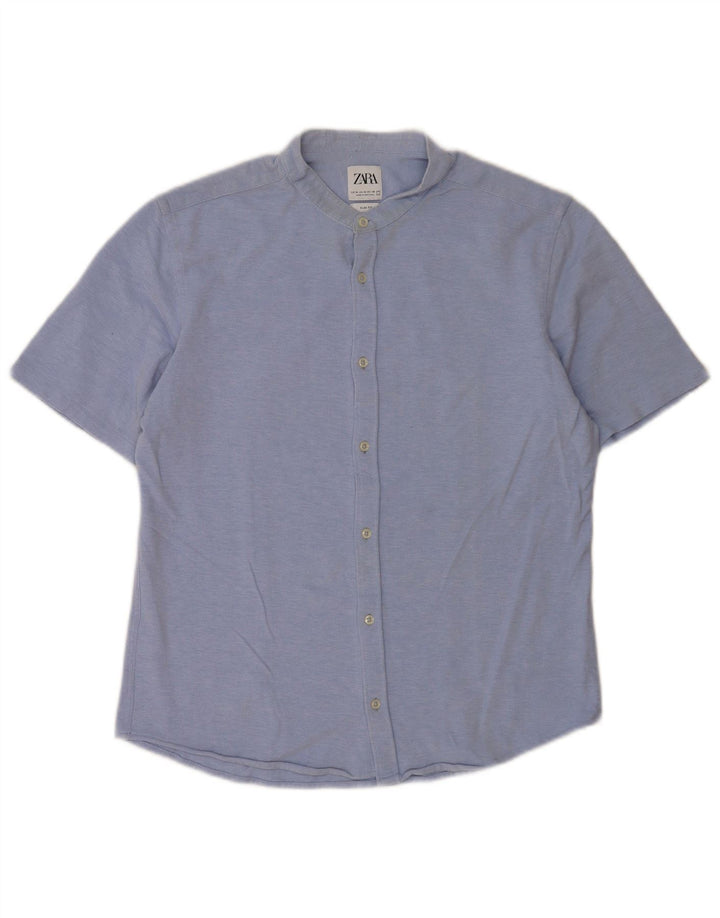 Zara Camisa masculina de manga curta slim fit azul médio