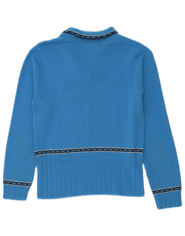 Suéter feminino vintage com gola polo UK 14 Paisley azul médio