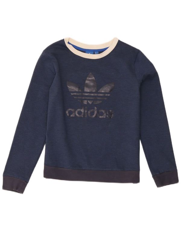 Adidas feminino gráfico moletom jumper UK 12 médio azul marinho colorblock