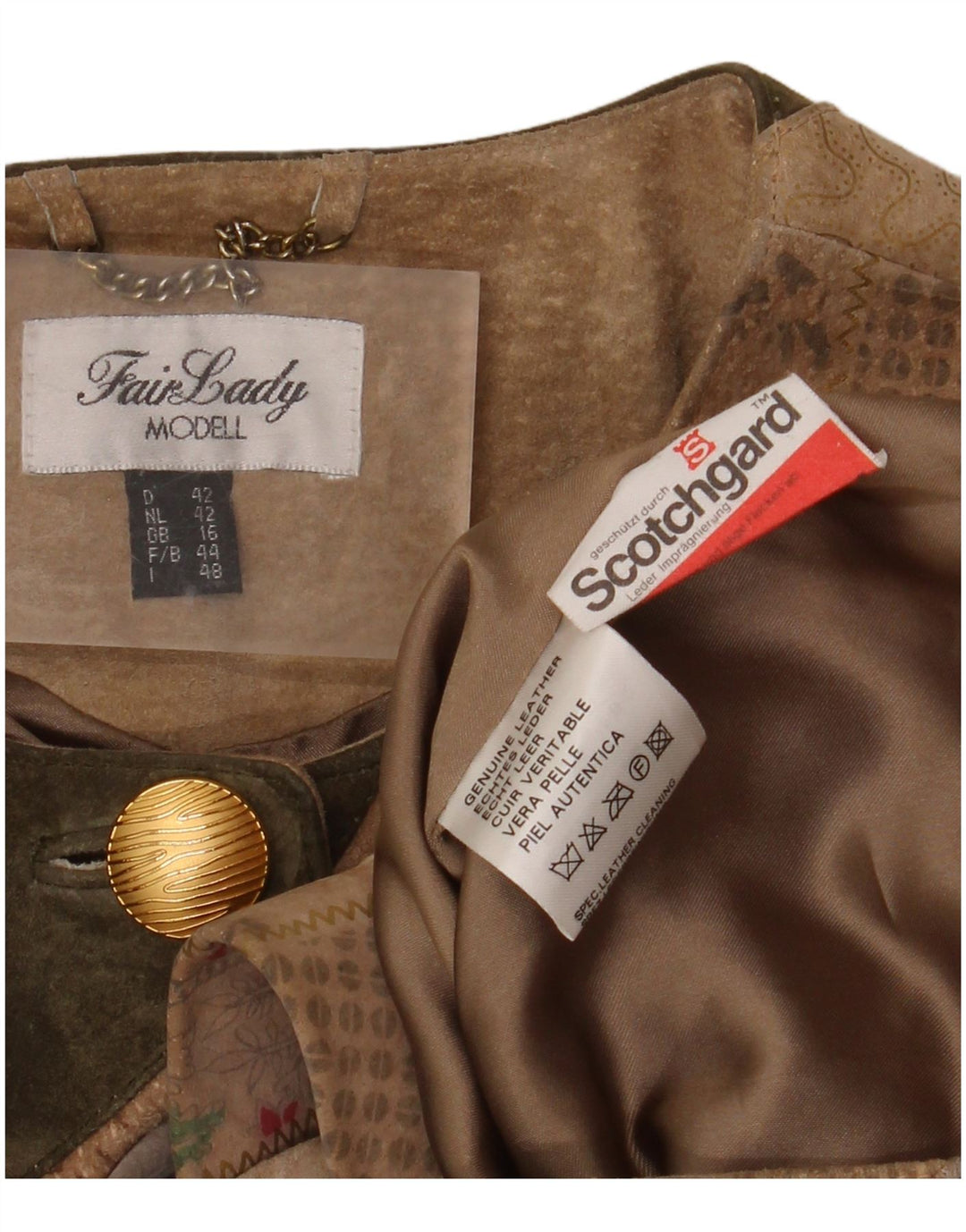 Sobretudo feminino justo Fair Lady Reino Unido 16 grande couro bege patchwork