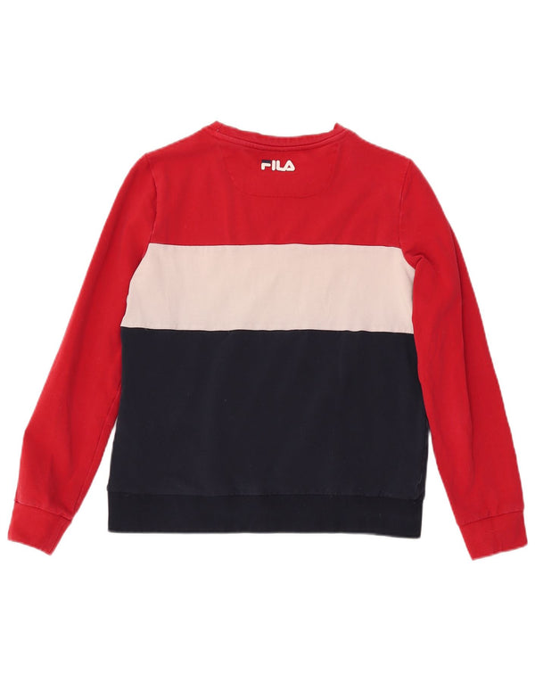FILA moletom feminino gráfico jumper UK 10 pequeno bloco colorido azul marinho