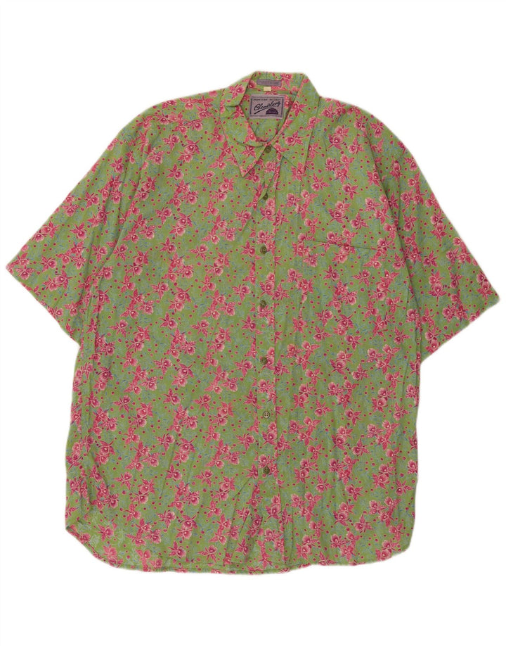 Camisa masculina vintage de manga curta algodão floral verde médio