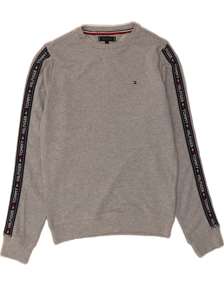 TOMMY HILFIGER Mens Graphic Crew Neck Jumper Sweater Small Grey Cotton Vintage Tommy Hilfiger and Second-Hand Tommy Hilfiger from Messina Hembry 