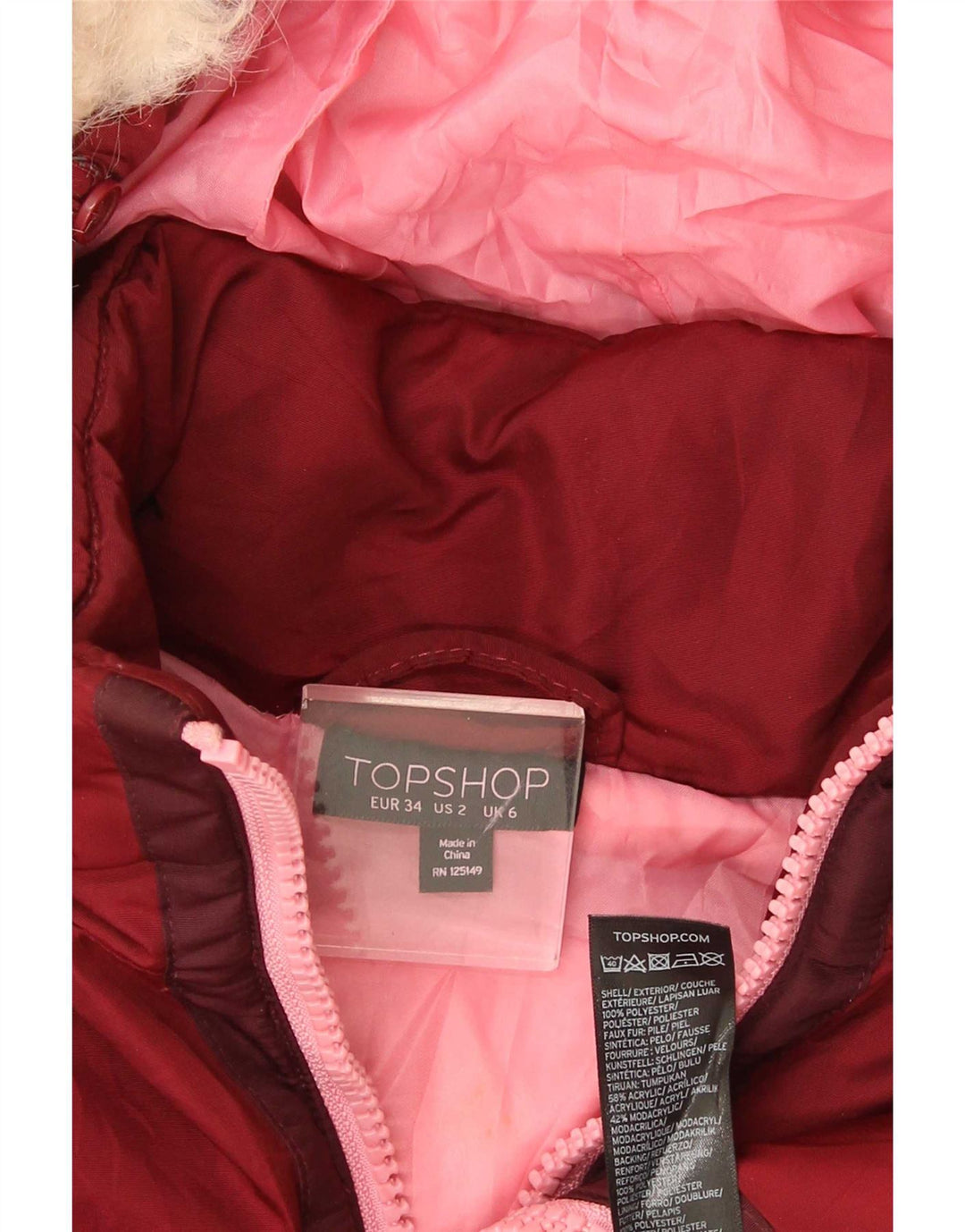 Jaqueta feminina acolchoada com capuz e capuz Topshop UK 6 XS poliéster vermelho