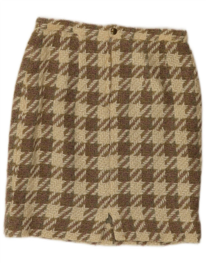 Saia de malha feminina vintage W26 pequena marrom houndstooth