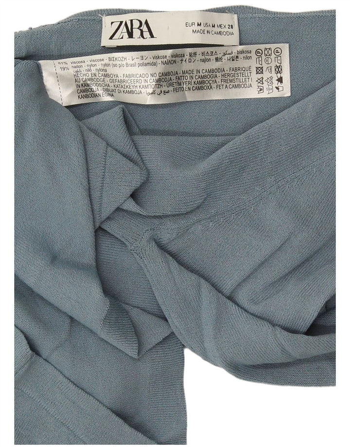 Top feminino Zara com ombro de fora UK 12 viscose azul médio