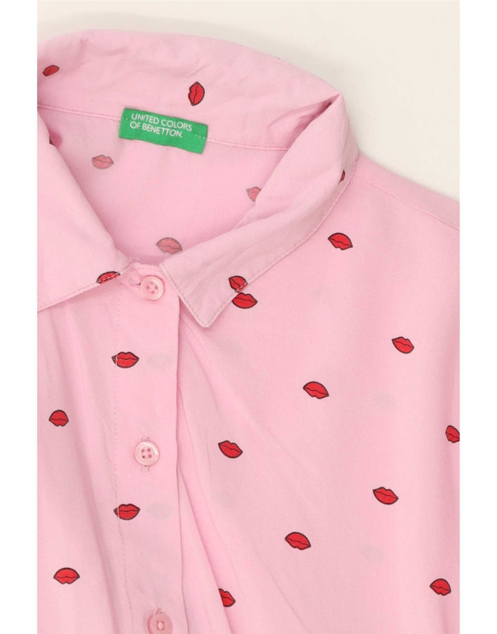 Vestido feminino Benetton com estampa abstrata de manga comprida evasê Reino Unido 10 pequeno rosa