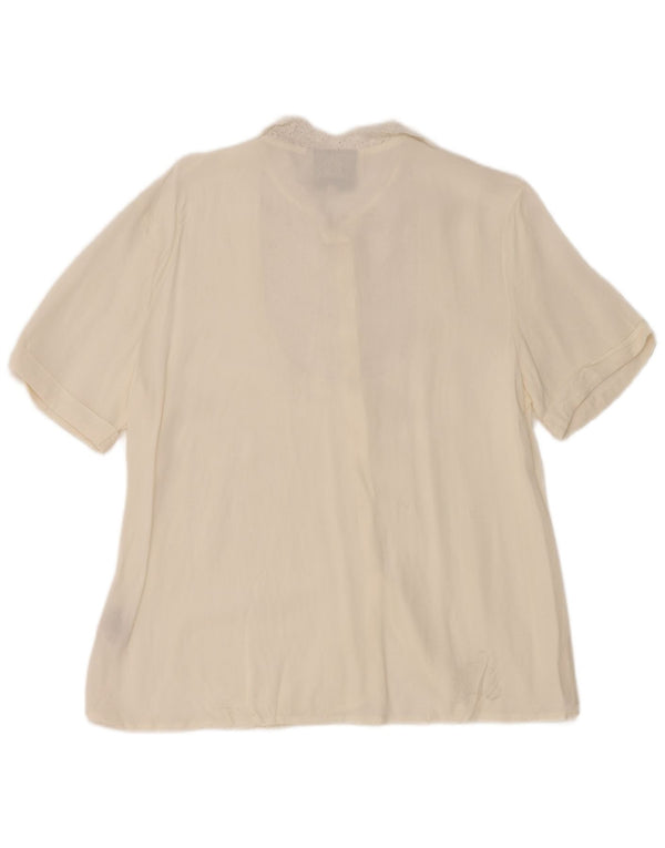 Blusa feminina vintage de manga curta UK 16 grande floral branca