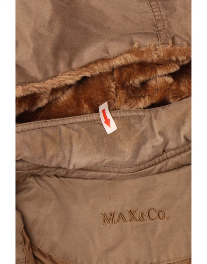 Casaco acolchoado com capuz feminino Max & Co. Reino Unido 12 algodão marrom médio