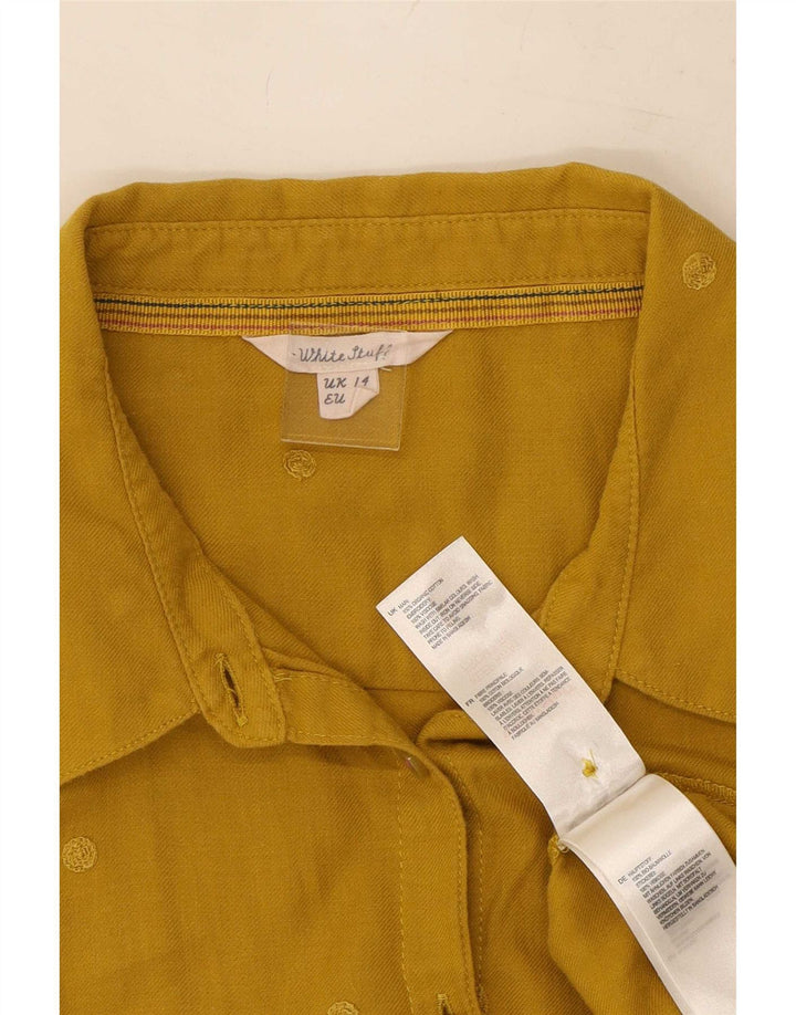 Camisa feminina de material branco Reino Unido 14 grande algodão manchado amarelo