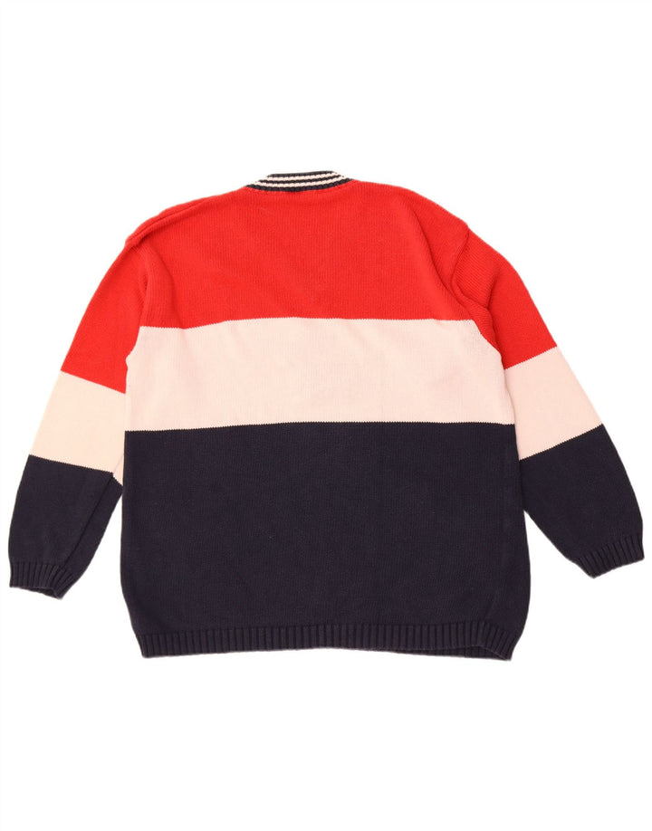 Suéter vintage masculino com decote em V, grande bloco colorido multicolorido