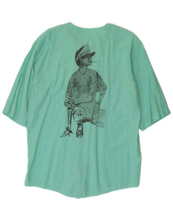 Blusa feminina vintage de manga curta com estampa gráfica Reino Unido 16 grande viscose verde