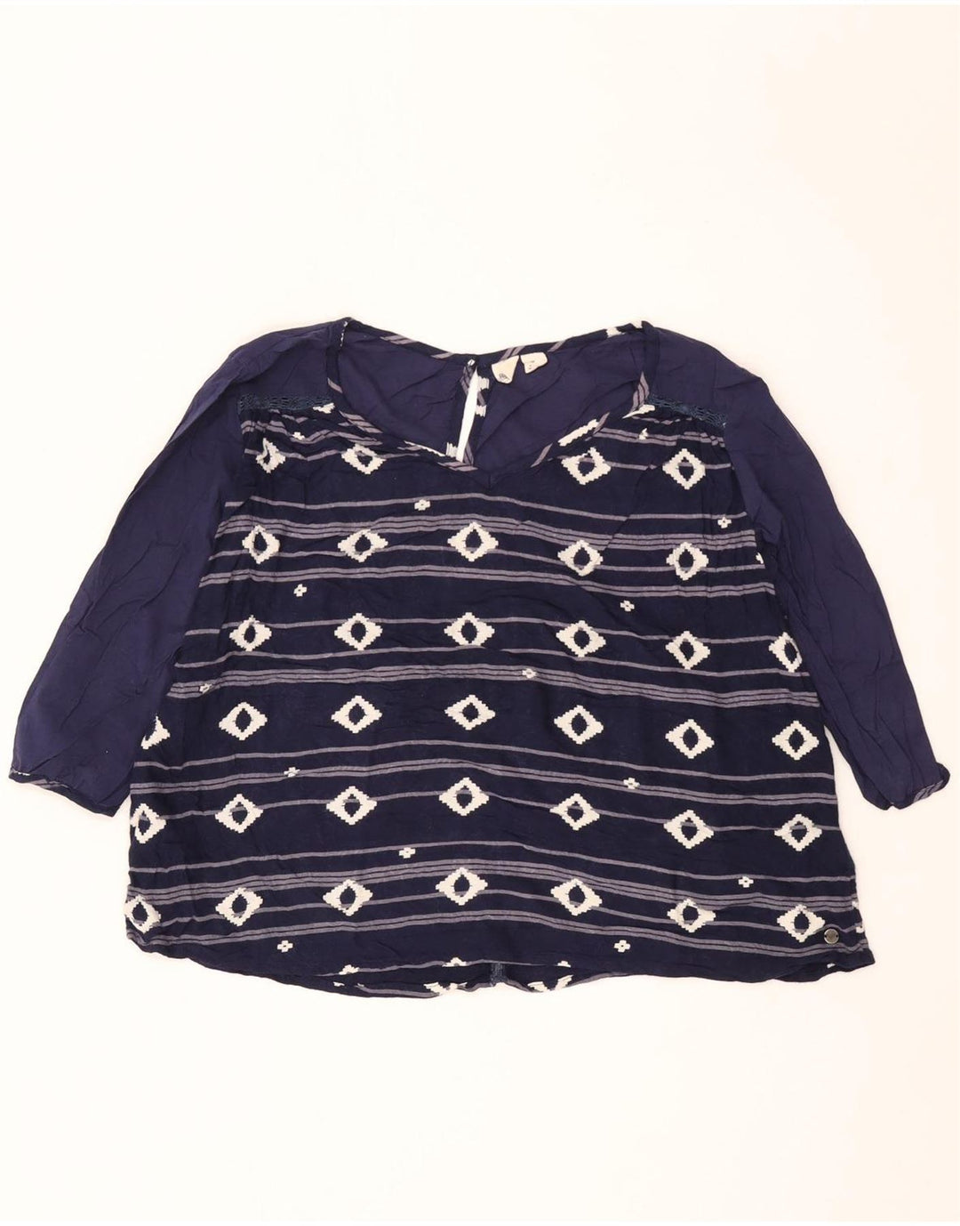 Blusa feminina Roxy de manga 3/4 Reino Unido 12 viscose geométrica azul marinho médio