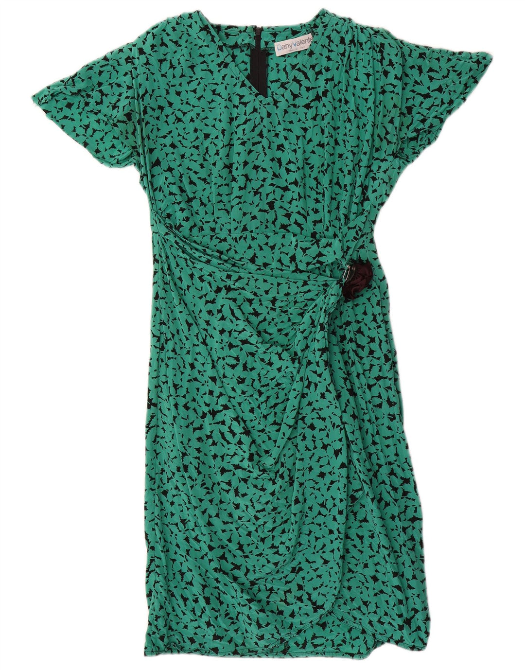 Vestido vintage feminino com padrão abstrato evasê Reino Unido 16 seda verde grande