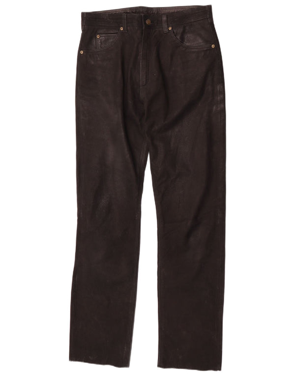 Calças de couro retas masculinas vintage W30 L32 pretas
