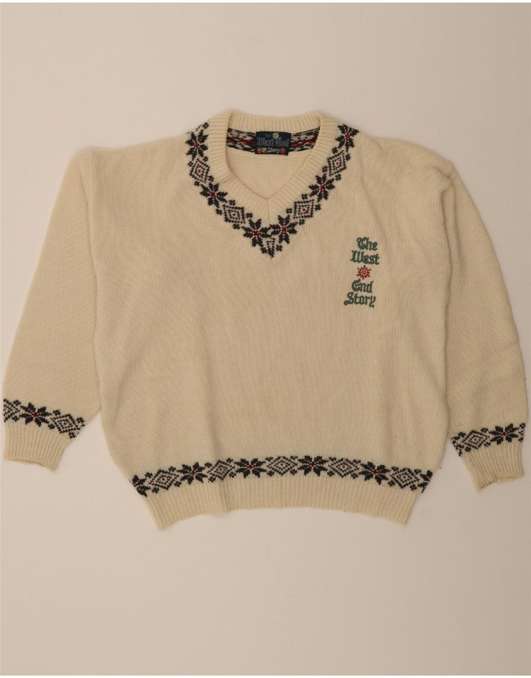 VINTAGE Mens V-Neck Jumper Sweater XL Off White Fair Isle Wool Vintage Vintage and Second-Hand Vintage from Messina Hembry 