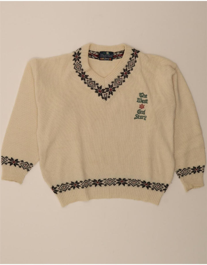 VINTAGE Mens V-Neck Jumper Sweater XL Off White Fair Isle Wool Vintage Vintage and Second-Hand Vintage from Messina Hembry 