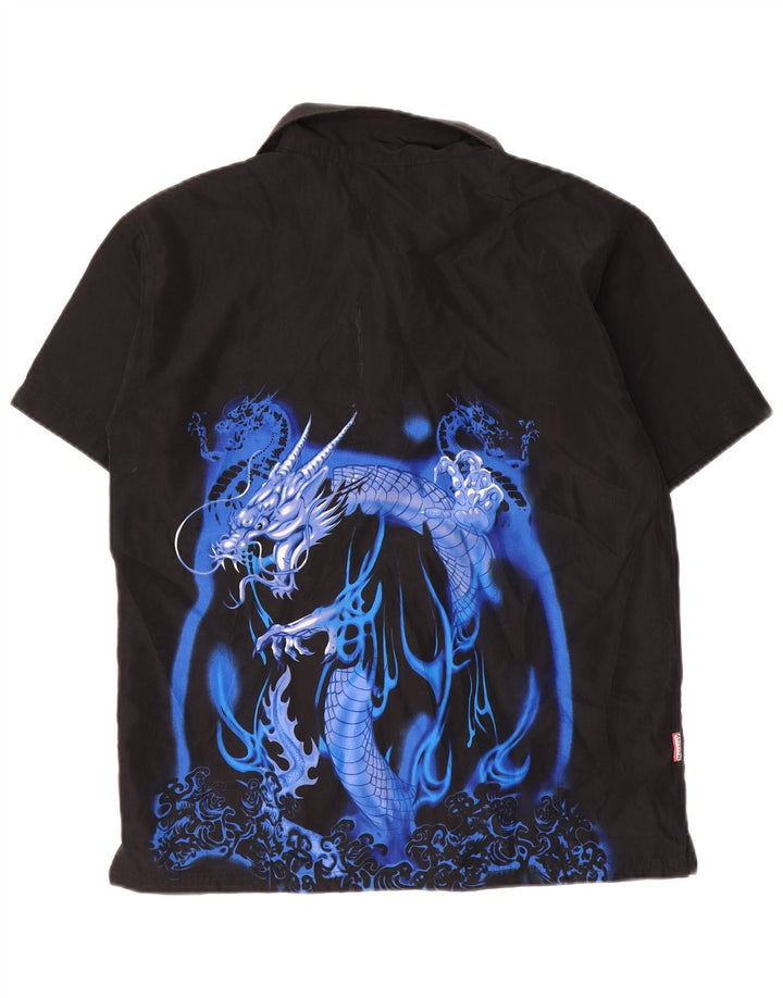 Camisa vintage masculina estampada de manga curta 15-16 anos poliéster preta