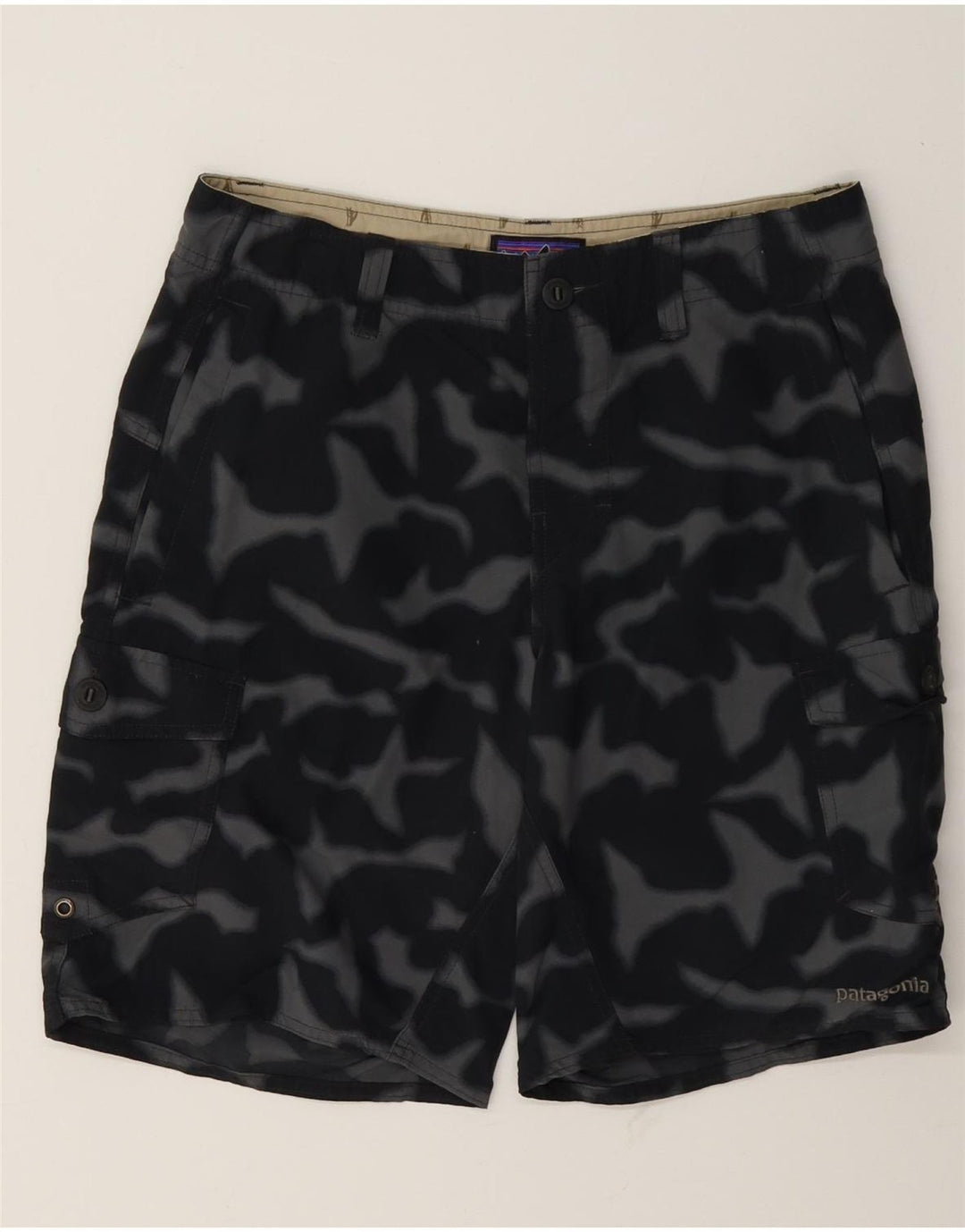 Shorts cargo masculino Patagonia W30 médio preto camuflado nylon
