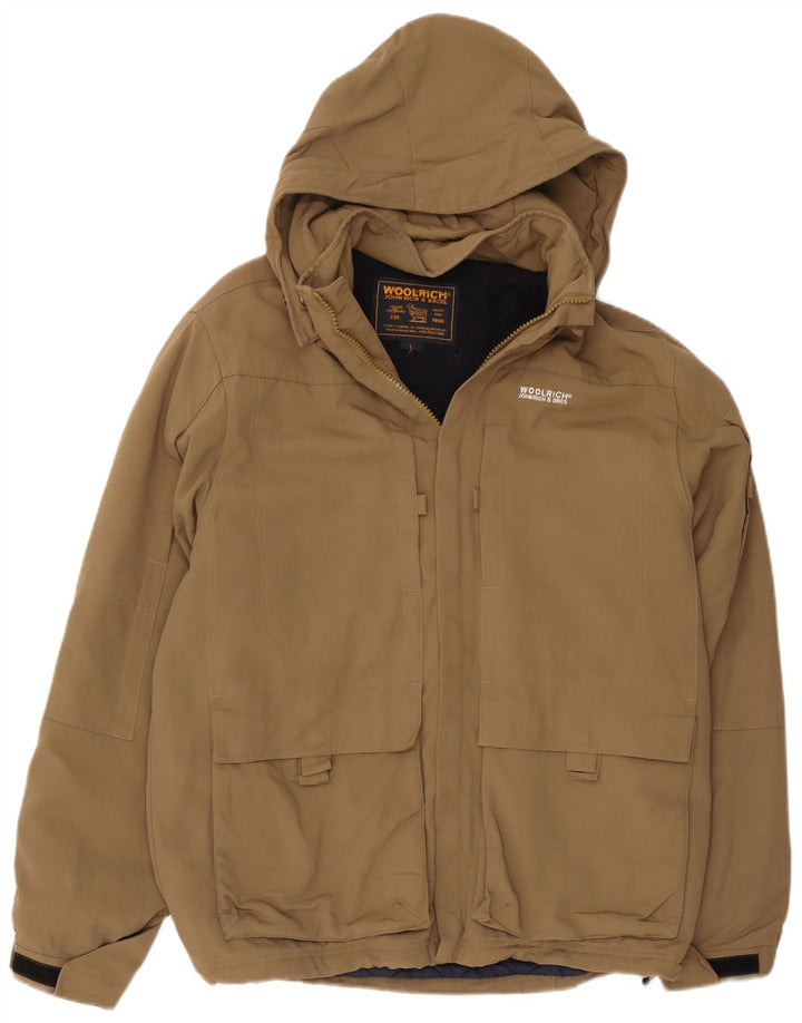 Jaqueta corta-vento masculina Woolrich com capuz Reino Unido 40 grande cáqui nylon