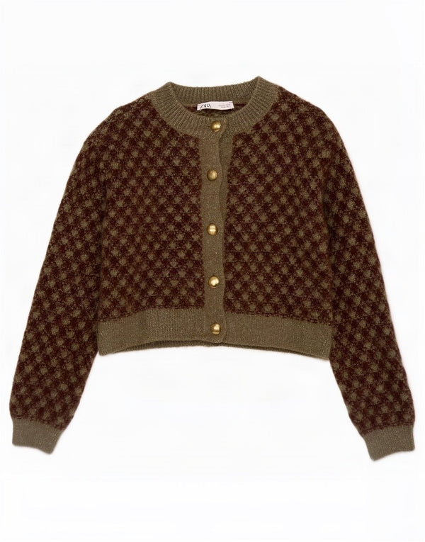 Zara Womens Crop Cardigan Sweater UK 10 Pequeno Acrílico Geométrico Cáqui