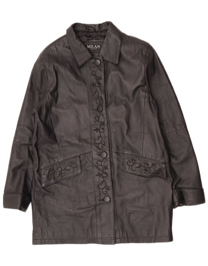 Casaco de couro feminino vintage US 12 grande couro floral preto