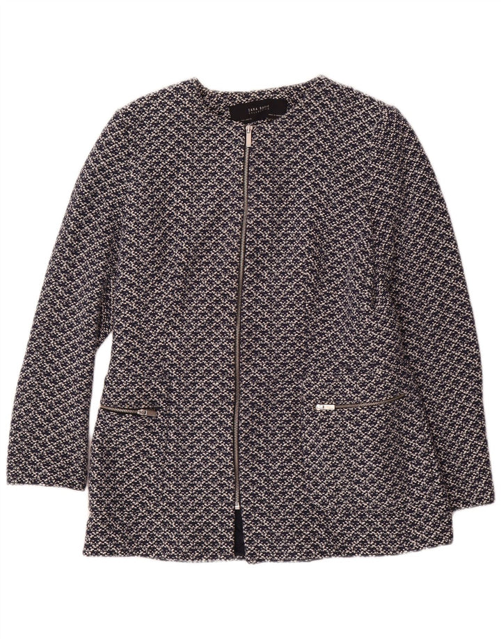 Jaqueta blazer feminina Zara com padrão abstrato Reino Unido 14 grande algodão azul marinho