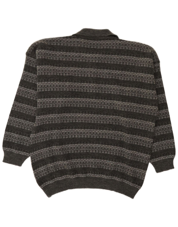 Suéter masculino vintage com gola polo grande listrado cinza