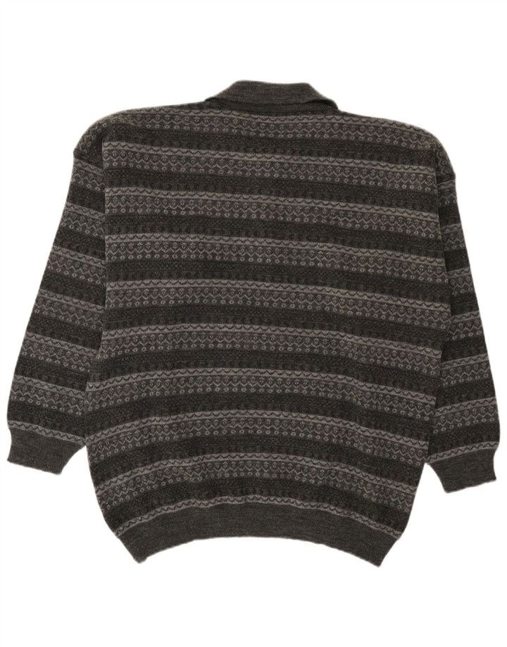 Suéter masculino vintage com gola polo grande listrado cinza
