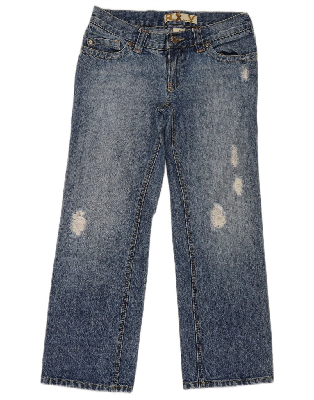Calça jeans feminina Roxy cintura baixa desgastada reta EUA 3 pequeno W29 L27 azul