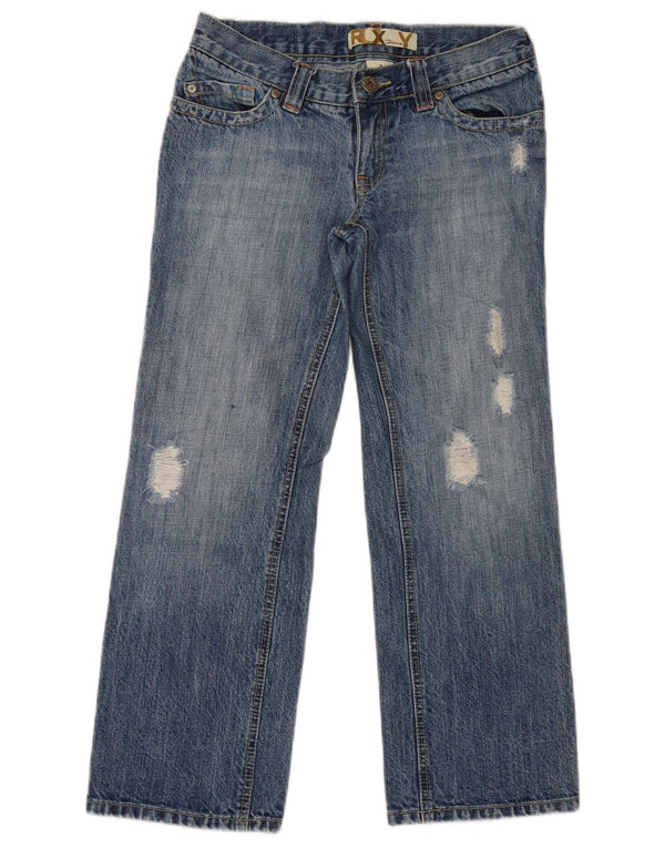 Calça jeans feminina Roxy cintura baixa desgastada reta EUA 3 pequeno W29 L27 azul