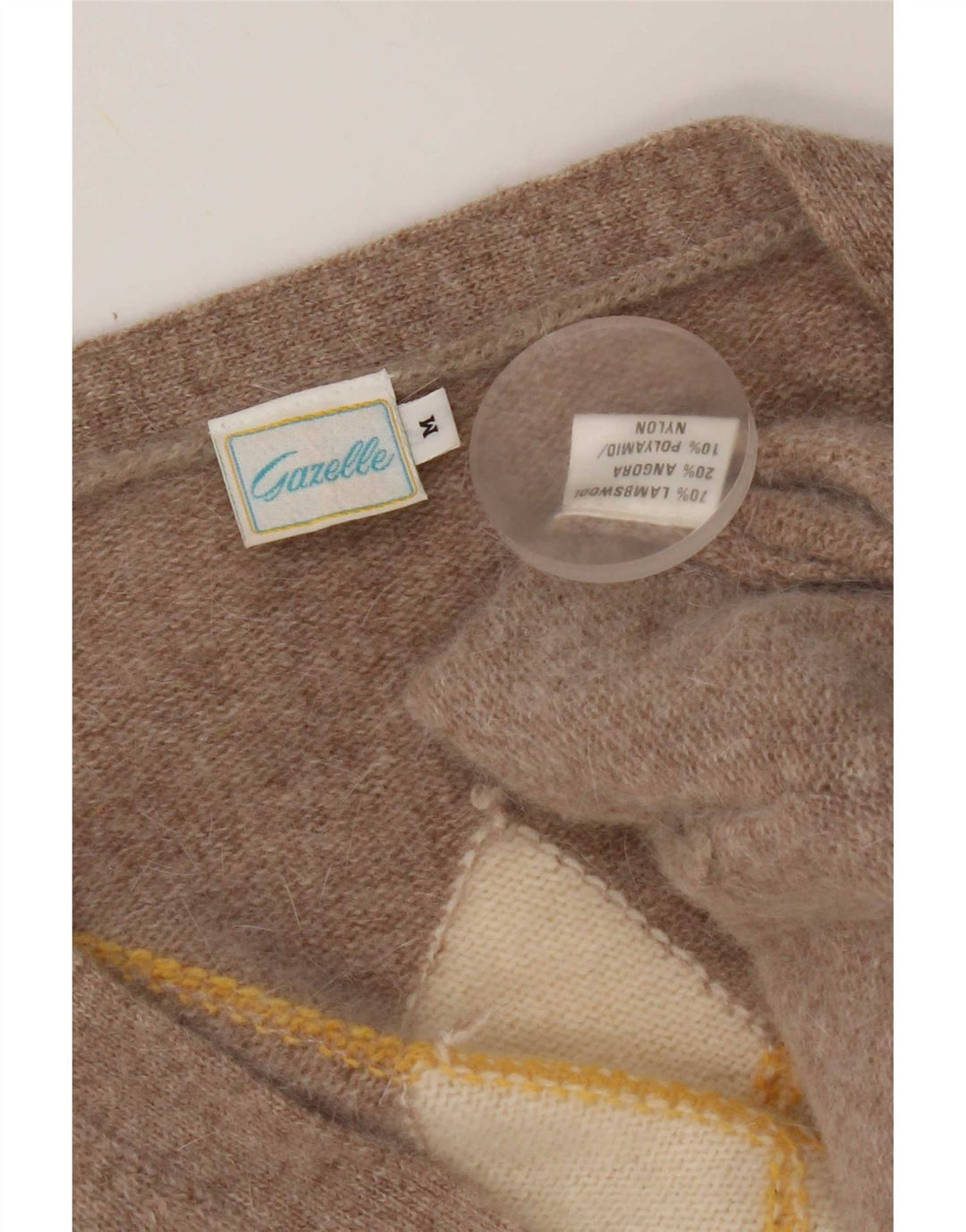 Suéter cardigã feminino Gazelle Reino Unido 14 Médio Bege Argyle/Diamante Lambswool