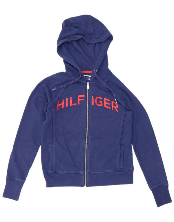 Tommy Hilfiger Suéter feminino com capuz e zíper gráfico Reino Unido 6 XS azul marinho algodão