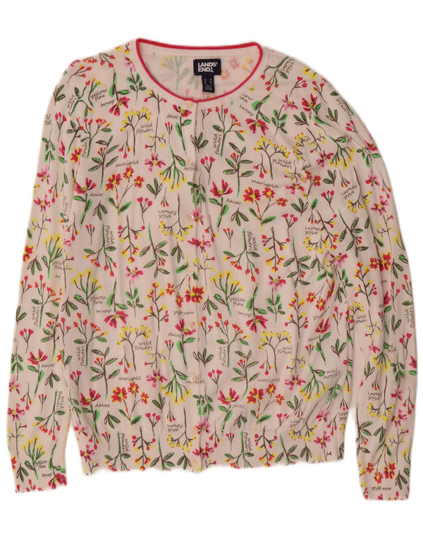 Suéter cardigã feminino Lands End Reino Unido 14 algodão floral branco médio