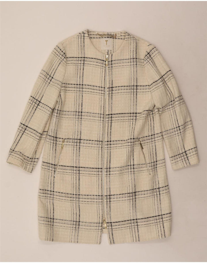 Sobretudo feminino Ted Baker tamanho 4 grande acrílico xadrez branco