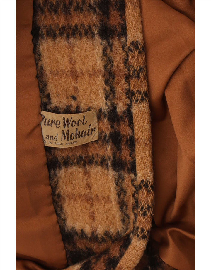 Sobretudo feminino vintage Reino Unido 14 lã xadrez marrom médio