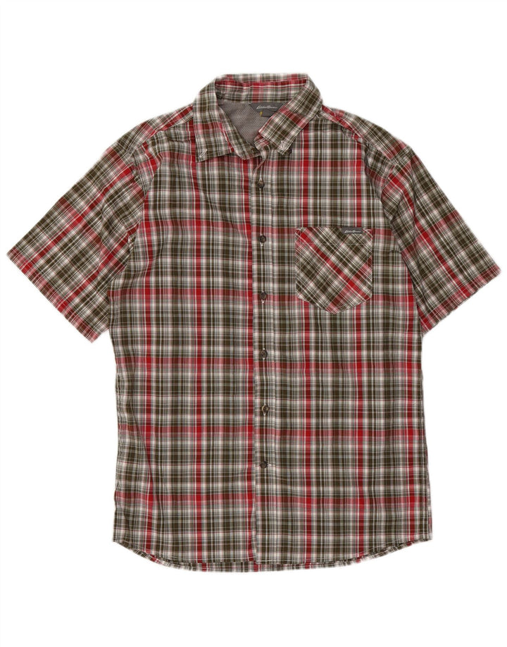 EDDIE BAUER Camisa masculina de manga curta, poliéster xadrez médio cáqui