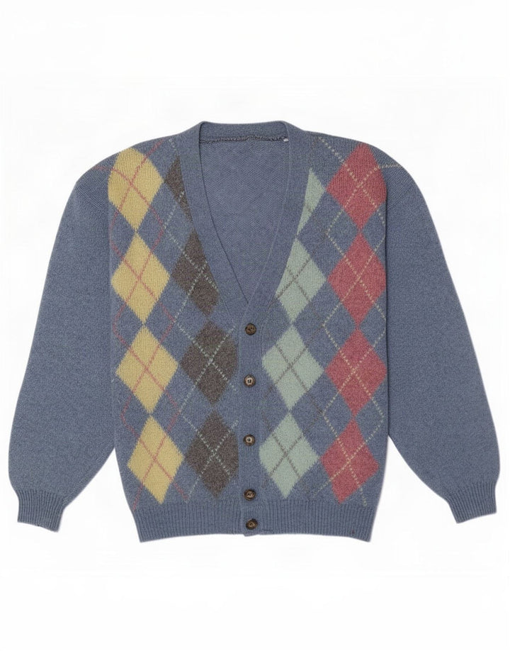 Suéter cardigã masculino vintage grande azul Argyle/Diamante