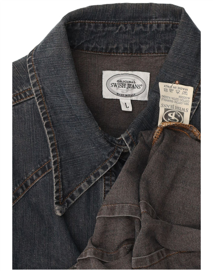 Camisa jeans feminina SWISH Reino Unido 14 grande algodão azul marinho