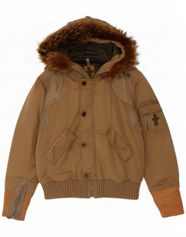 Jaqueta bomber masculina vintage com capuz Reino Unido 40 grande marrom