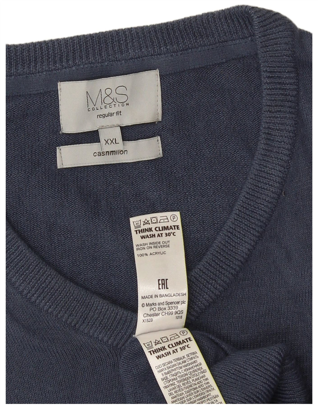 Suéter masculino Marks & Spencer com ajuste regular e decote em V 2XL azul marinho