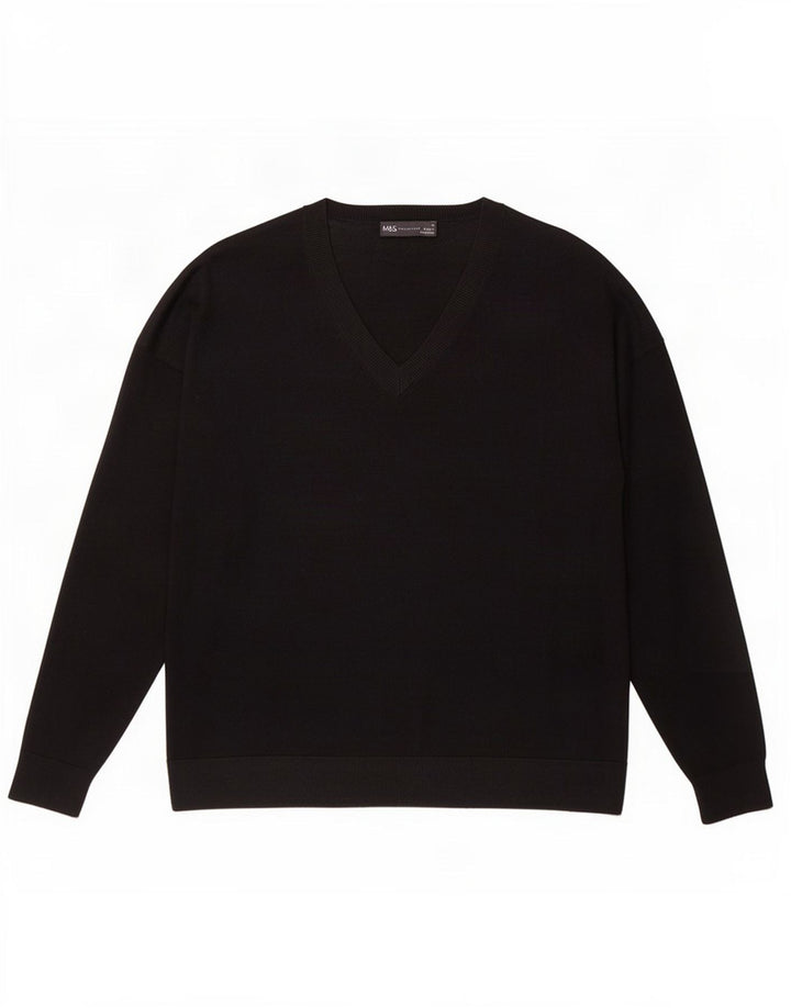Suéter masculino Marks & Spencer com decote em V, lã merino preta média