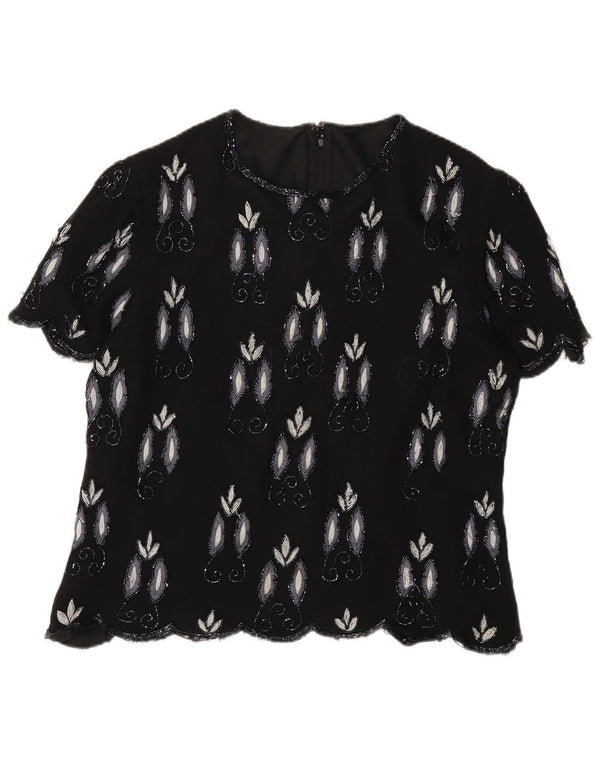 Blusa feminina vintage UK 16 grande viscose preta Paisley