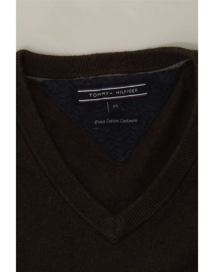 Tommy Hilfiger Suéter masculino com decote em V de algodão marrom médio
