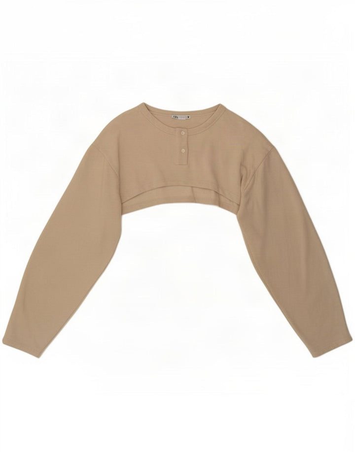 Zara Womens Long Sleeve Crop Top Reino Unido 14 Médio Bege