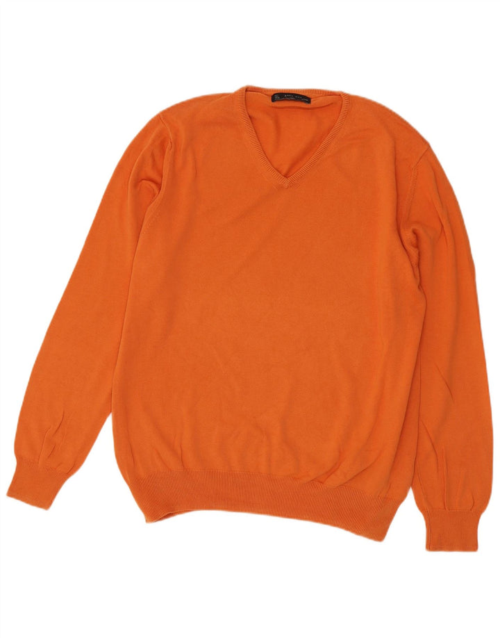 Suéter masculino Zara com decote em V grande algodão laranja