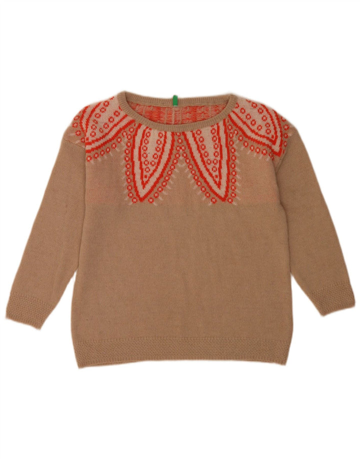Suéter feminino Benetton com estampa abstrata e gola redonda Reino Unido 10 pequeno bege