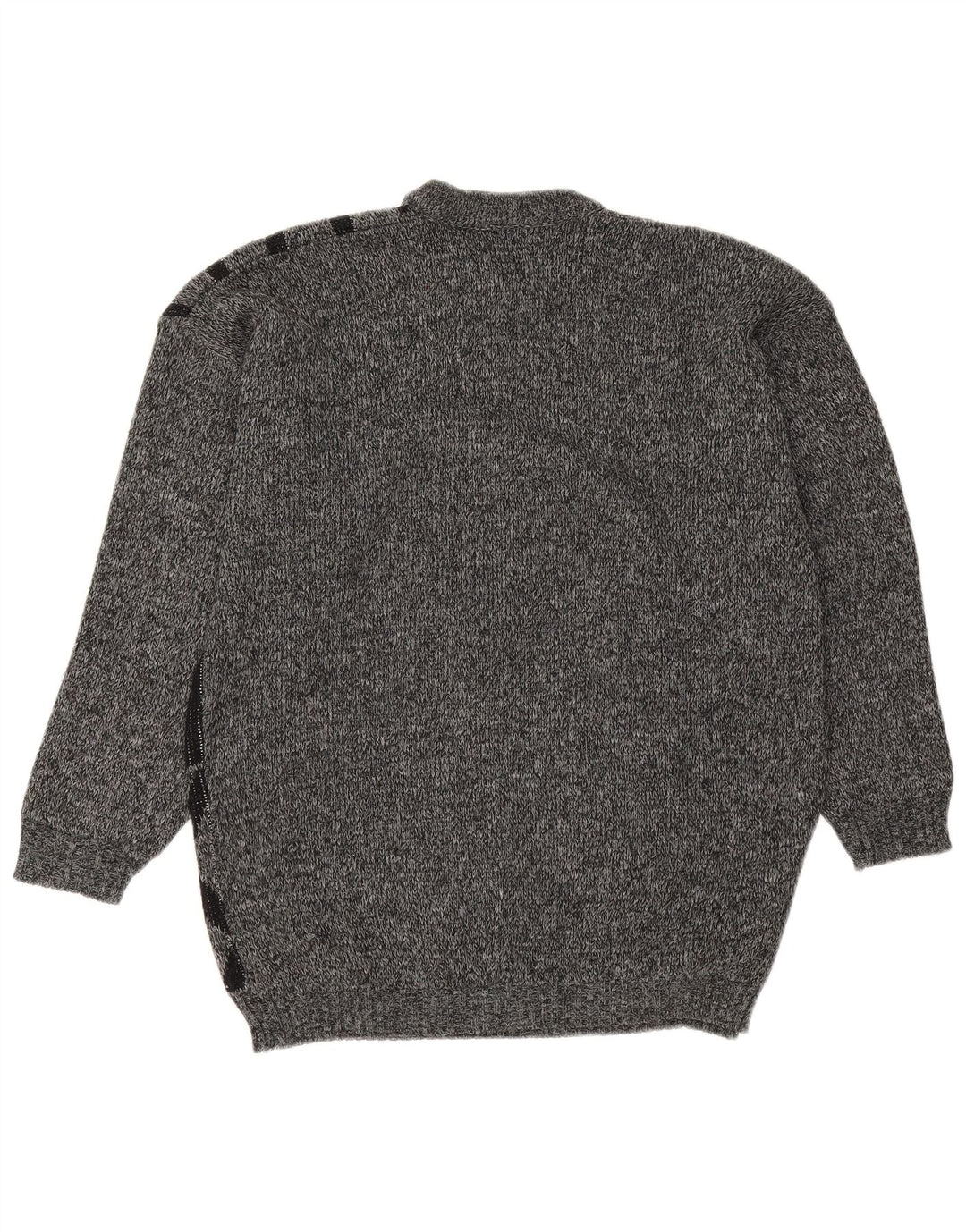 Suéter vintage masculino com gola redonda e acrílico geométrico cinza médio