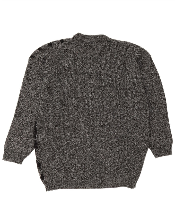 Suéter vintage masculino com gola redonda e acrílico geométrico cinza médio