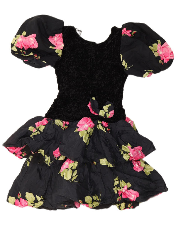 Vestido feminino vintage de mangas curtas em camadas UK 10 pequeno floral preto